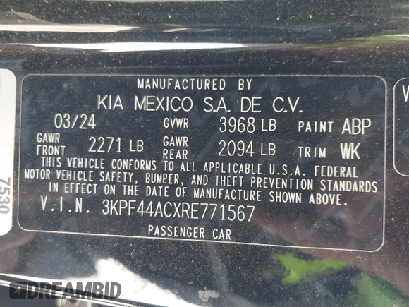 2024 Kia Forte GT with VIN 3KPF44ACXRE771567, listed as a IAAI auction lot 41231041 with 1 mi miles. Bid and sale history available at carsss.com. Image 9.