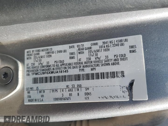 2021 Ford Escape S with VIN 1FMCU9F6XMUA18145, listed as a Copart auction lot 61046995 with 108,793 mi miles and Salvage title. Bid and sale history available at DreamBid. Image 13.