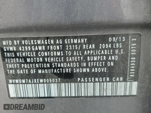 2014 Volkswagen Golf TDI w/Sunroof & Nav z VIN WVWDM7AJXEW005037, wystawiony jako Copart lot #43380895 z przebiegiem Nie podano mil oraz Czysty tytuł • Clean title. Historia ofert i sprzedaży dostępna na DreamBid. Obrazek 13.