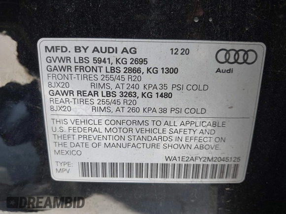 2021 Audi Q5 Premium Plus z VIN WA1E2AFY2M2045125, wystawiony jako IAAI lot #42251738 z przebiegiem 44 395 mil mil oraz . Historia ofert i sprzedaży dostępna na DreamBid. Obrazek 9.