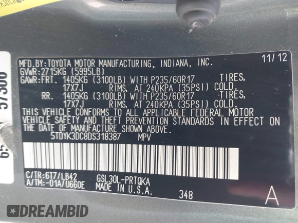 2013 Toyota Sienna XLE AAS с VIN 5TDYK3DC8DS318387, выставлен на аукционе IAAI как лот 42146255 с пробегом 244 899 миль миль и . История ставок и продаж доступна на DreamBid. Изображение 9.