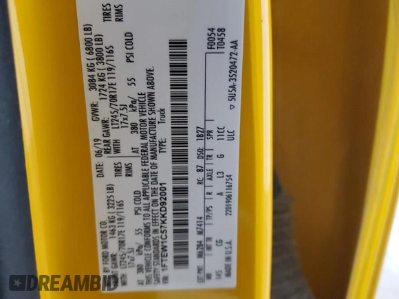 2019 Ford F-150 XL with VIN 1FTEW1C57KKD92001, listed as a Copart auction lot 44799065 with 125,998 mi miles and Salvage Title. Bid and sale history available at DreamBid. Image 12.