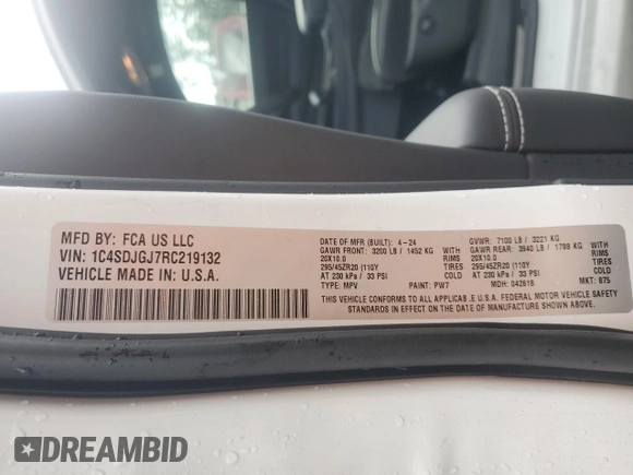2024 Dodge Durango SRT 392 Plus z VIN 1C4SDJGJ7RC219132, wystawiony jako Copart lot #58584655 z przebiegiem 4 200 mil mil oraz Szkoda całkowita • Salvage title. Historia ofert i sprzedaży dostępna na DreamBid. Obrazek 14.