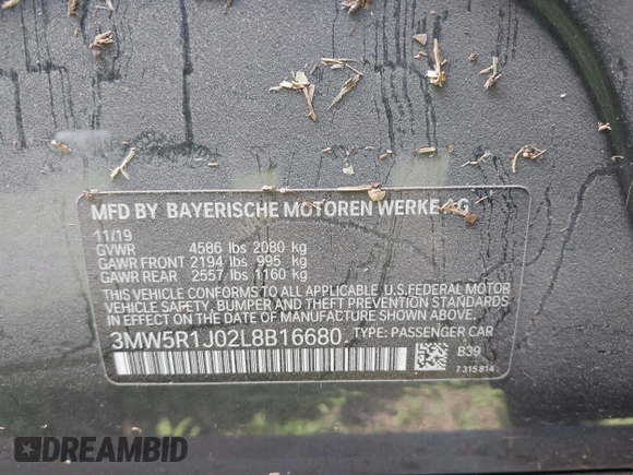 2020 BMW 3 Series 330i with VIN 3MW5R1J02L8B16680, listed as a IAAI auction lot 41928580 with Not Provided miles and . Bid and sale history available at DreamBid. Image 9.