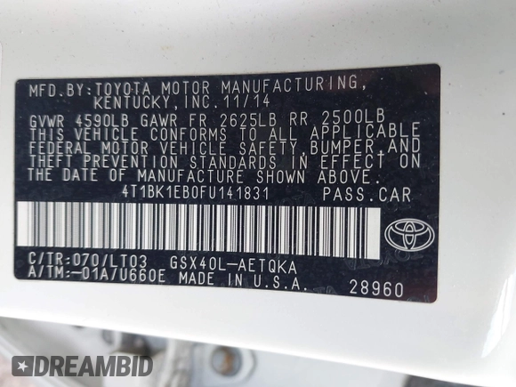 2015 Toyota Avalon Limited with VIN 4T1BK1EB0FU141831, listed as a IAAI auction lot 42037468 with 109,990 mi miles and . Bid and sale history available at DreamBid. Image 9.