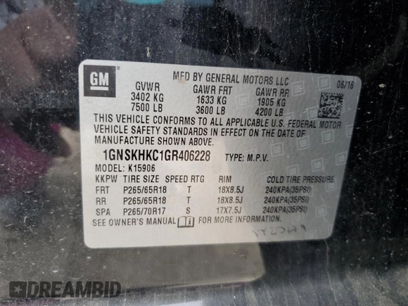 2016 Chevrolet Suburban LT with VIN 1GNSKHKC1GR406228, listed as a Copart auction lot 54568415 with 162,353 mi miles and Salvage Title. Bid and sale history available at DreamBid. Image 13.