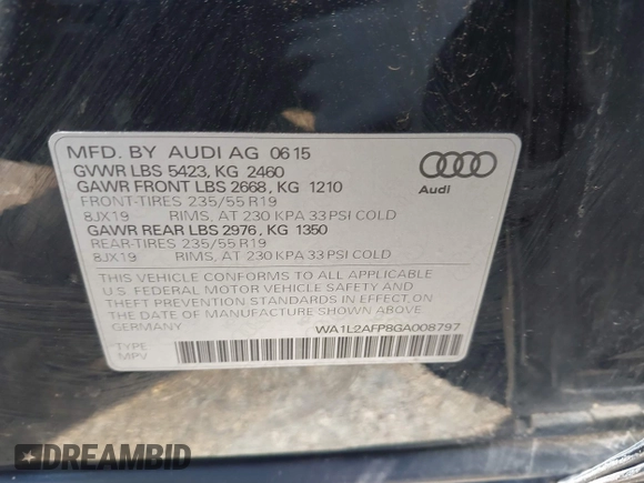 2016 Audi Q5 Premium Plus with VIN WA1L2AFP8GA008797, listed as a IAAI auction lot 41966359 with 139,189 mi miles. Bid and sale history available at carsss.com. Image 9.