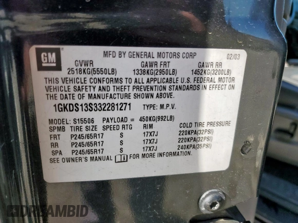 2003 GMC Envoy SLT z VIN 1GKDS13S332281271, wystawiony jako Copart lot #53685775 z przebiegiem 236 997 mil mil oraz Szkody całkowita. Historia ofert i sprzedaży dostępna na DreamBid. Obrazek 13.