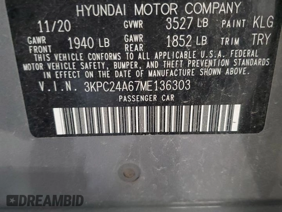 2021 Hyundai Accent SE with VIN 3KPC24A67ME136303, listed as a Copart auction lot 61190995 with 37,620 mi miles and Salvage title. Bid and sale history available at DreamBid. Image 13.