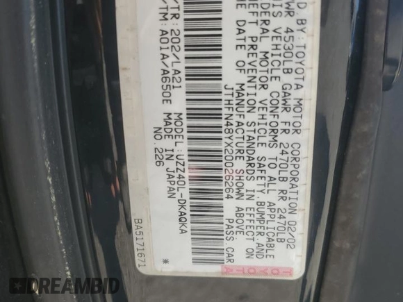 2002 Lexus SC 430 with VIN JTHFN48YX20026264, listed as a Copart auction lot 52571945 with 170,019 mi miles and Salvage Title. Bid and sale history available at DreamBid. Image 12.