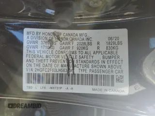 2020 Honda Civic LX with VIN 2HGFC2F60LH563396, listed as a Copart auction lot 49329935 with Not Provided miles and Salvage Title. Bid and sale history available at DreamBid. Image 14.