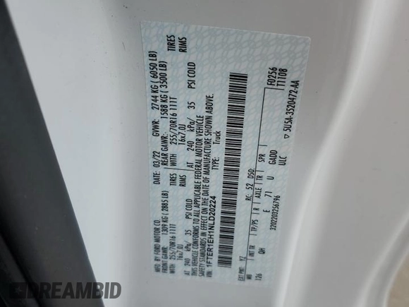2022 Ford Ranger XL с VIN 1FTER1EH1NLD20224, выставлен на аукционе Copart как лот 87930975 с пробегом 5 322 миль миль и Списание • Salvage title. История ставок и продаж доступна на DreamBid. Изображение 13.