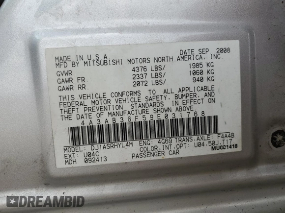 2009 Mitsubishi Galant ES z VIN 4A3AB36F59E031768, wystawiony jako Copart lot #51874305 z przebiegiem 141 638 mil mil oraz Szkoda całkowita • Salvage title. Historia ofert i sprzedaży dostępna na DreamBid. Obrazek 14.