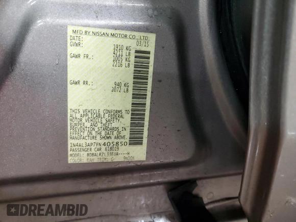 2015 Nissan Altima 2.5 S with VIN 1N4AL3AP7FN405850, listed as a Copart auction lot 49650035 with 69,752 mi miles and Salvage Title. Bid and sale history available at carsss.com. Image 13.