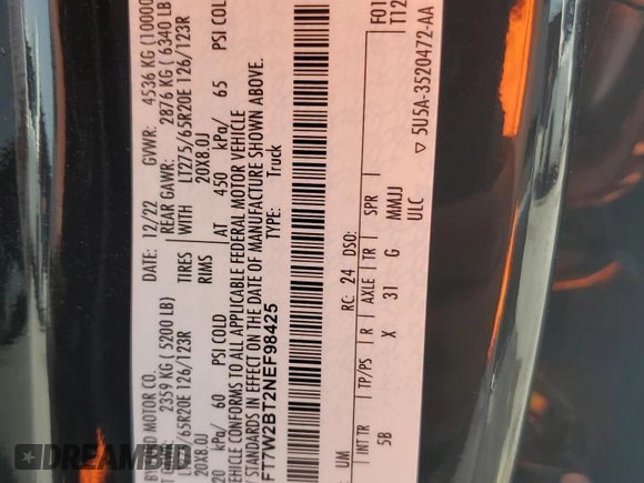 2022 Ford F-250 XL with VIN 1FT7W2BT2NEF98425, listed as a Copart auction lot 59781705 with 91,899 mi miles and Non repairable. Bid and sale history available at DreamBid. Image 12.