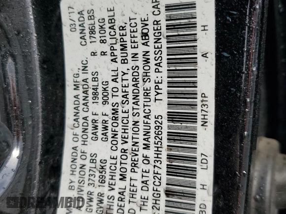 2017 Honda Civic Sedan EX with VIN 2HGFC2F73HH526925, listed as a Copart auction lot 47747635 with 0 mi miles and Salvage Title. Bid and sale history available at carsss.com. Image 13.