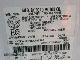 2014 Ford F-150 XL with VIN 1FTFW1EF9EKF97883, listed as a Copart auction lot 46452045 with 127,277 mi miles and Salvage title. Bid and sale history available at DreamBid. Image 14.