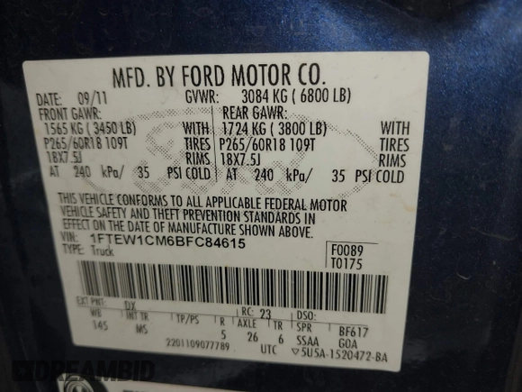 2011 Ford F-150 XL with VIN 1FTEW1CM6BFC84615, listed as a IAAI auction lot 42495457 with 360,219 mi miles and . Bid and sale history available at DreamBid. Image 9.