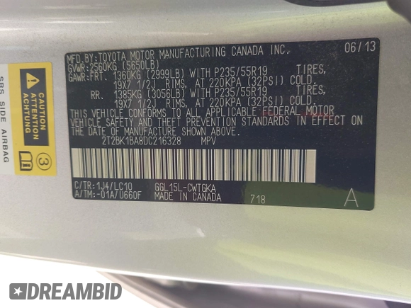 2013 Lexus RX 350 with VIN 2T2BK1BA8DC216328, listed as a IAAI auction lot 42318787 with 102,912 mi miles and . Bid and sale history available at DreamBid. Image 9.