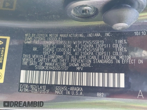 2011 Toyota Highlander Limited with VIN 5TDDK3EH4BS051707, listed as a IAAI auction lot 41913327 with Not provided miles and . Bid and sale history available at DreamBid. Image 9.