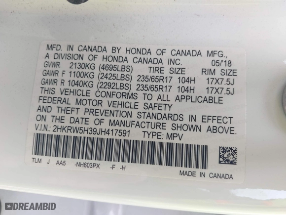 2018 Honda CR-V LX with VIN 2HKRW5H39JH417591, listed as a IAAI auction lot 41762656 with 86,957 mi miles. Bid and sale history available at carsss.com. Image 9.