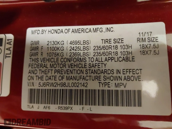 2018 Honda CR-V Touring with VIN 5J6RW2H98JL002142, listed as a IAAI auction lot 41957901 with Not Provided miles. Bid and sale history available at carsss.com. Image 9.