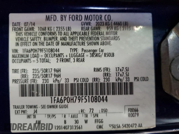 2015 Ford Fusion SE with VIN 1FA6P0H79F5108044, listed as a Copart auction lot 59344295 with 54,833 mi miles and Salvage title. Bid and sale history available at DreamBid. Image 12.