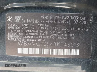 2008 BMW 3 Series 328xi with VIN WBAVC93548K045013, listed as a IAAI auction lot 42183945 with 118,454 mi miles and . Bid and sale history available at DreamBid. Image 9.