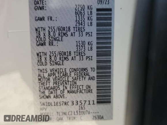 2024 Infiniti QX60 Pure with VIN 5N1DL1ES7RC335711, listed as a Copart auction lot 48980375 with 4,431 mi miles and Salvage title. Bid and sale history available at DreamBid. Image 14.