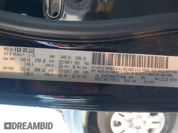2019 Dodge Journey SE Value with VIN 3C4PDCAB0KT870096, listed as a IAAI auction lot 42270752 with 67,314 mi miles and . Bid and sale history available at DreamBid. Image 9.