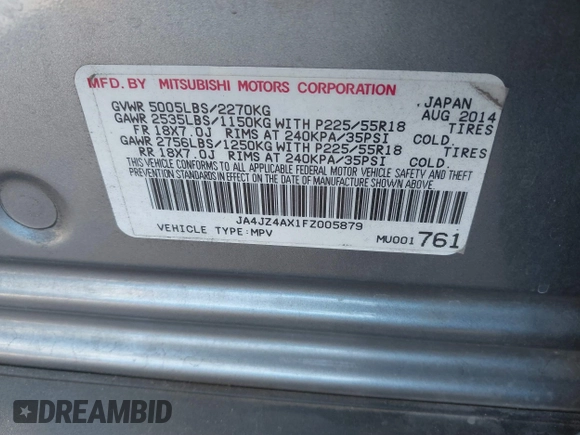2015 Mitsubishi Outlander GT with VIN JA4JZ4AX1FZ005879, listed as a IAAI auction lot 41701299 with 212,805 mi miles and . Bid and sale history available at DreamBid. Image 9.