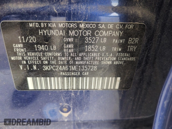 2021 Hyundai Accent SEL with VIN 3KPC24A61ME135728, listed as a Copart auction lot 56217095 with 40,181 mi miles and Salvage title. Bid and sale history available at DreamBid. Image 12.