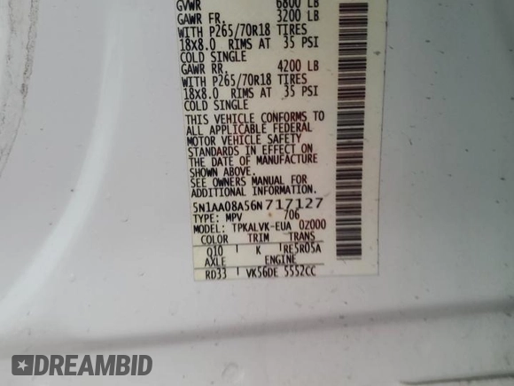 2006 Nissan Armada LE с VIN 5N1AA08A56N717127, выставлен на аукционе Copart как лот 44854175 с пробегом 130 852 миль миль и Списание • Salvage title. История ставок и продаж доступна на DreamBid. Изображение 15.