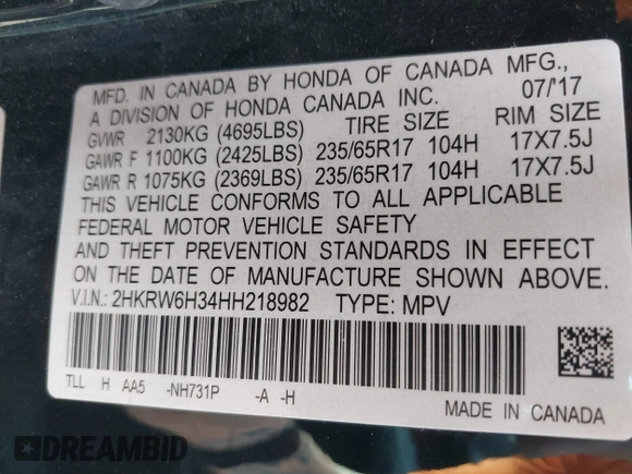 2017 Honda CR-V LX with VIN 2HKRW6H34HH218982, listed as a IAAI auction lot 41792567 with 83,908 mi miles. Bid and sale history available at carsss.com. Image 9.