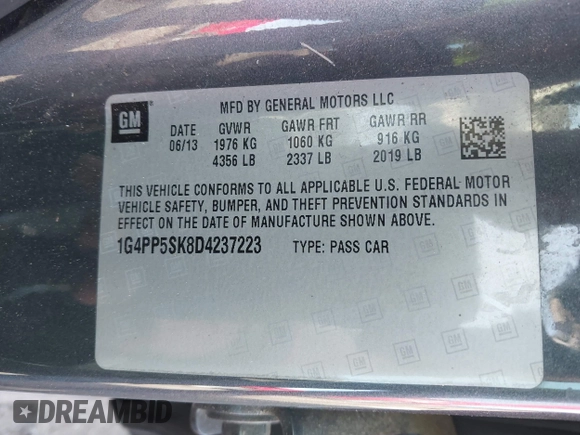 2013 Buick Verano с VIN 1G4PP5SK8D4237223, выставлен на аукционе IAAI как лот 42559540 с пробегом 115 173 миль миль и . История ставок и продаж доступна на DreamBid. Изображение 9.