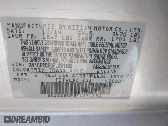 2015 Nissan Note SV z VIN 3N1CE2CP3FL391193, wystawiony jako IAAI lot #42263616 z przebiegiem Nie podano mil oraz . Historia ofert i sprzedaży dostępna na DreamBid. Obrazek 9.