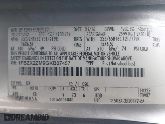 2016 Ford Transit XL with VIN 1FBZX2ZM9GKB07457, listed as a IAAI auction lot 41487820 with 126,951 mi miles and . Bid and sale history available at DreamBid. Image 9.