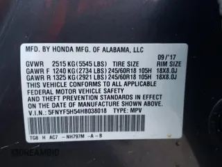 2017 Honda Pilot EX-L with VIN 5FNYF5H54HB038018, listed as a Copart auction lot 44625945 with 49,436 mi miles and Salvage Title. Bid and sale history available at carsss.com. Image 14.