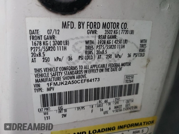 2012 Ford Expedition Max Limited с VIN 1FMJK2A50CEF64173, выставлен на аукционе Copart как лот 51599035 с пробегом 323 539 миль миль и Чистый • Clean title. История ставок и продаж доступна на DreamBid. Изображение 13.