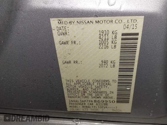 2015 Nissan Altima SL with VIN 1N4AL3AP7FN869950, listed as a IAAI auction lot 41588907 with 61,833 mi miles and . Bid and sale history available at DreamBid. Image 9.