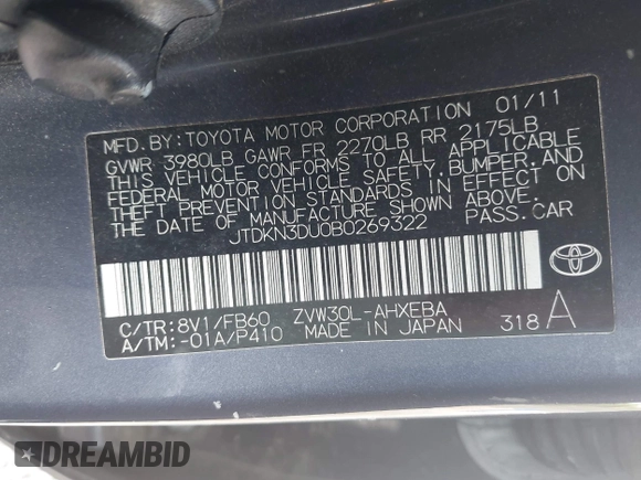 2011 Toyota Prius I with VIN JTDKN3DU0B0269322, listed as a IAAI auction lot 42199070 with 151,675 mi miles and . Bid and sale history available at DreamBid. Image 9.