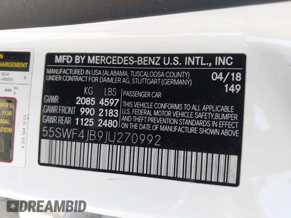 2018 Mercedes-Benz C 300 with VIN 55SWF4JB9JU270992, listed as a IAAI auction lot 41850962 with 73,174 mi miles and . Bid and sale history available at carsss.com. Image 9.
