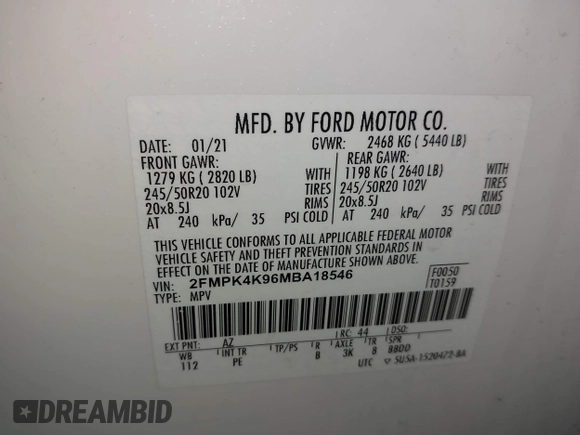 2021 Ford Edge Titanium with VIN 2FMPK4K96MBA18546, listed as a IAAI auction lot 42584326 with 65,214 mi miles and . Bid and sale history available at DreamBid. Image 9.