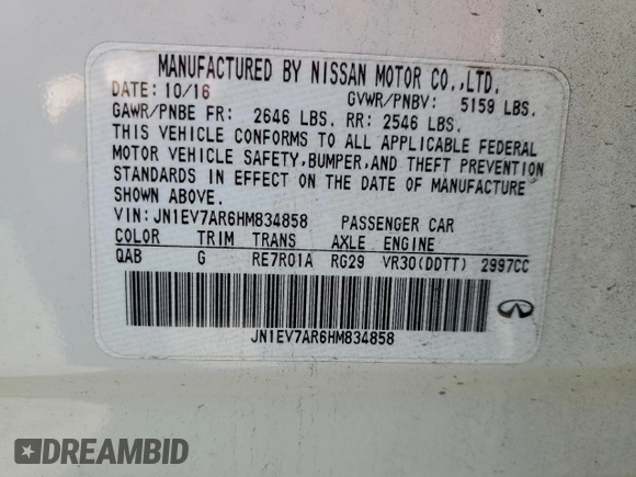 2017 Infiniti Q50 3.0t Sport with VIN JN1EV7AR6HM834858, listed as a Copart auction lot 88754935 with 144,118 mi miles and Salvage Title. Bid and sale history available at carsss.com. Image 14.
