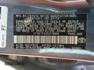 2013 Toyota Camry L with VIN 4T1BF1FK2DU716608, listed as a Copart auction lot 54904855 with 108,235 mi miles and Salvage Title. Bid and sale history available at DreamBid. Image 12.