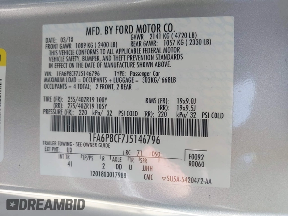 2018 Ford Mustang GT with VIN 1FA6P8CF7J5146796, listed as a IAAI auction lot 42111287 with Not Provided miles. Bid and sale history available at carsss.com. Image 9.