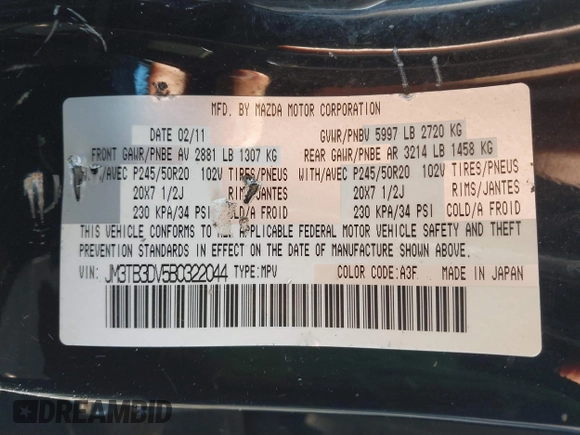 2011 Mazda CX-9 Grand Touring with VIN JM3TB3DV5B0322044, listed as a IAAI auction lot 40886500 with Not provided miles and . Bid and sale history available at DreamBid. Image 9.