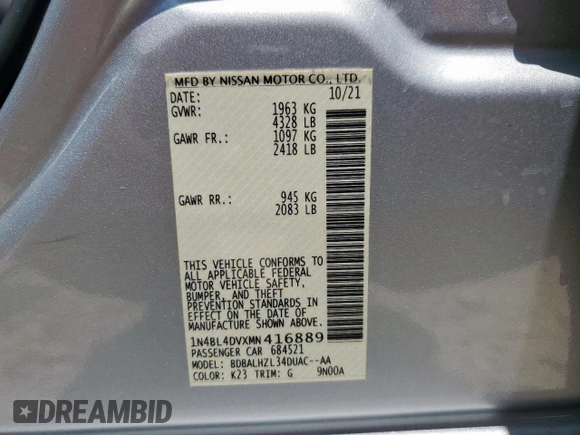 2021 Nissan Altima SV with VIN 1N4BL4DVXMN416889, listed as a Copart auction lot 58020005 with 14,440 mi miles and Salvage title. Bid and sale history available at DreamBid. Image 13.
