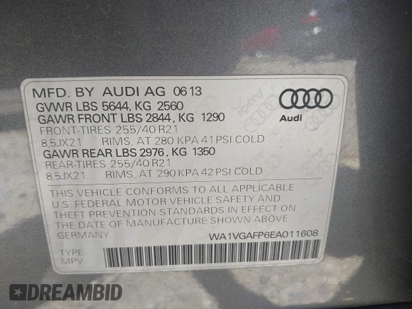 2014 Audi SQ5 Prestige with VIN WA1VGAFP6EA011608, listed as a IAAI auction lot 42325446 with 114,867 mi miles and . Bid and sale history available at DreamBid. Image 9.