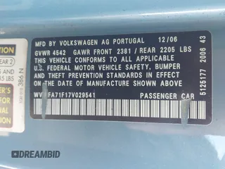 2007 Volkswagen Eos 2.0T with VIN WVWFA71F17V029541, listed as a IAAI auction lot 42171659 with 185,293 mi miles and . Bid and sale history available at DreamBid. Image 9.